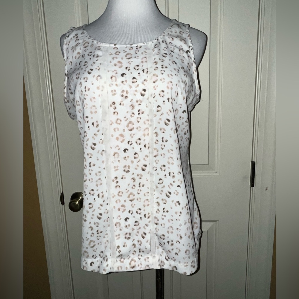 Ann Taylor Polyester Cotton Print Sleeveless Top - White and Brown Sz Large